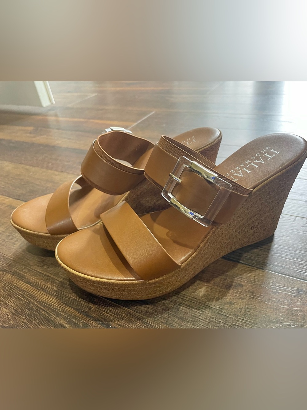 Italian Shoemakers Tan Leather Wedge Sandals with Clear Buckle - Picture 6 of 11